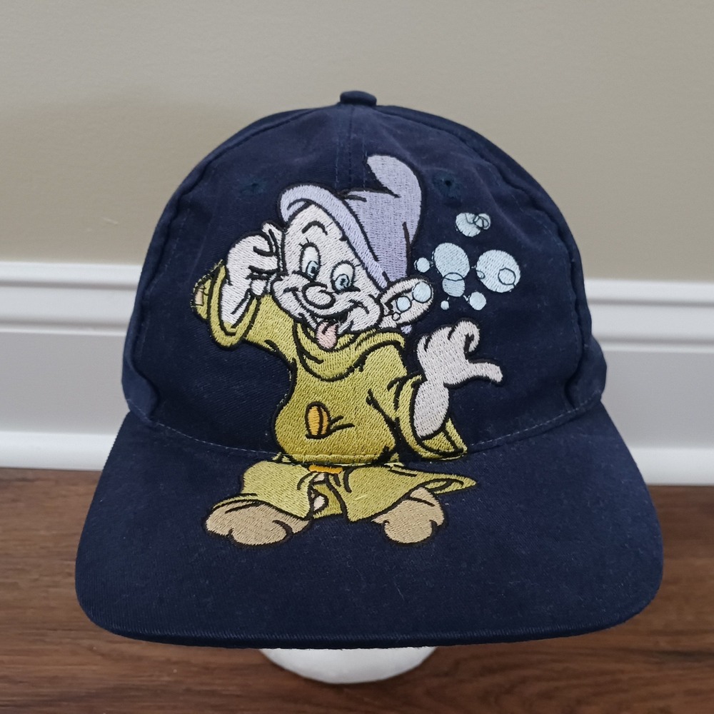 Vintage Disney Store Dopey Snow White Navy Blue Snapback Hat Embroidered Mens